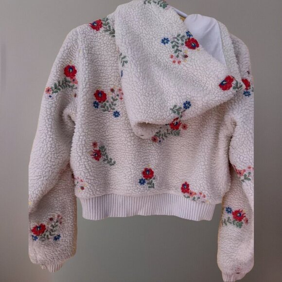 Urban Outfitter Sherpa Jacket Medium Nature Flower Hood Ribbed Waistband Zipper - Picture 13 of 15